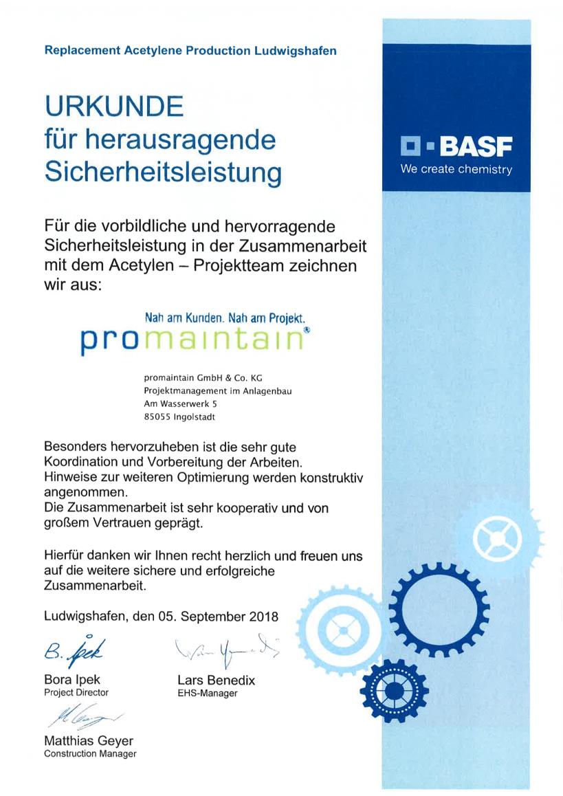 promaintain received certificate from BASF